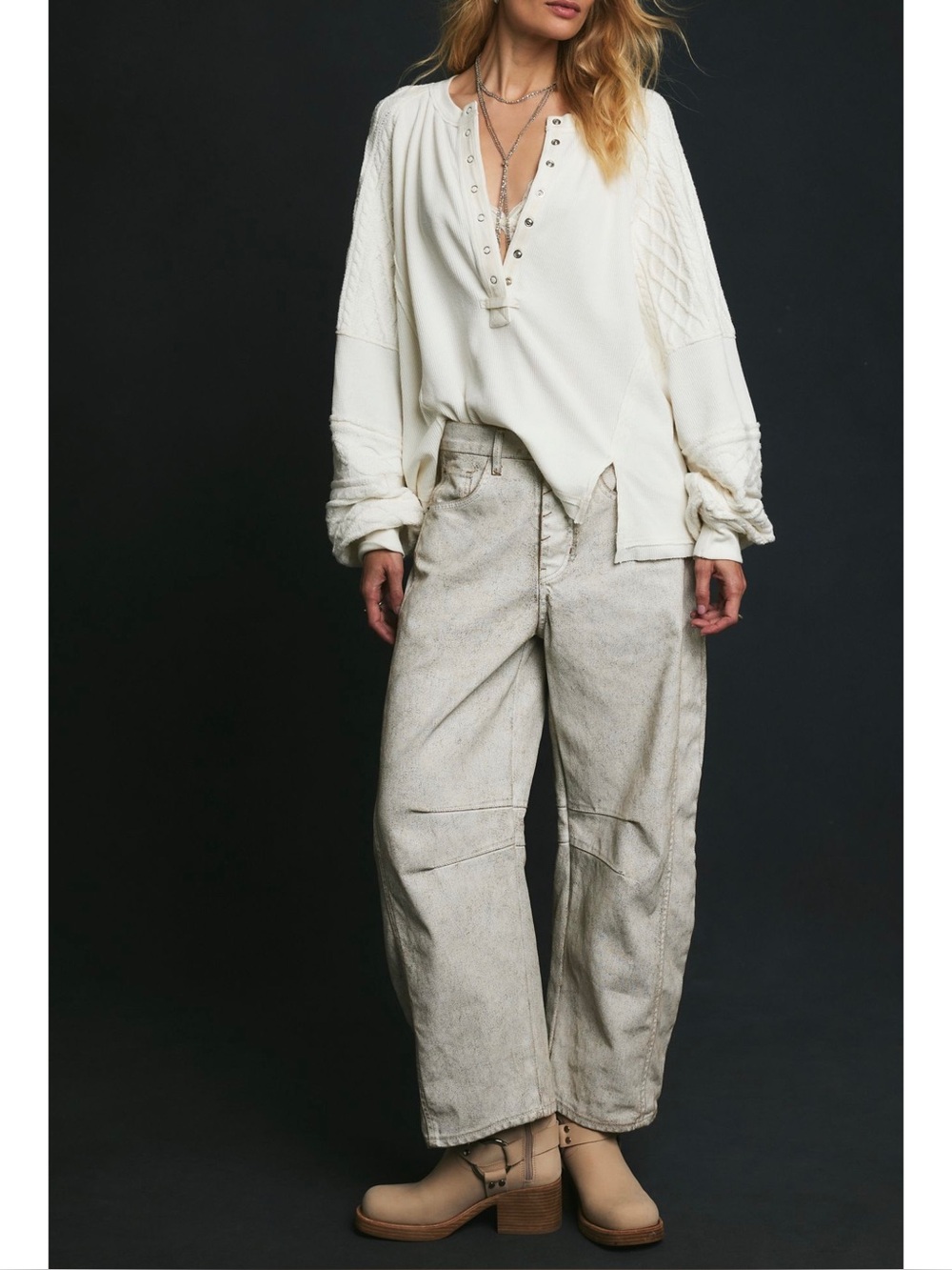 NWT Free People We The Free Good Luck White Coated Barrel Jeans